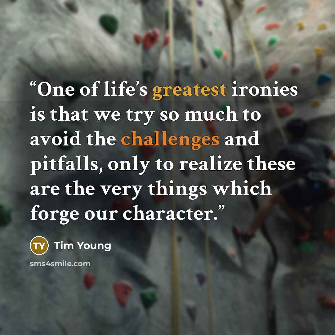 “One of life’s greatest ironies is that we try so much to avoid the challenges and pitfalls, only to realize these are the very things which forge our character.” quote by Tim Young
