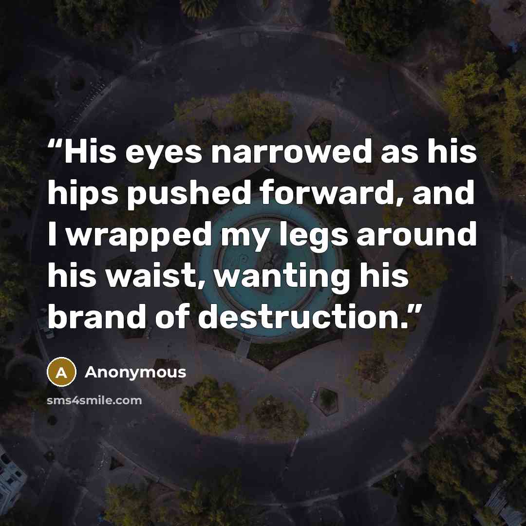 “His eyes narrowed as his hips pushed forward, and I wrapped my legs around his waist, wanting his brand of destruction.” quote by Anonymous