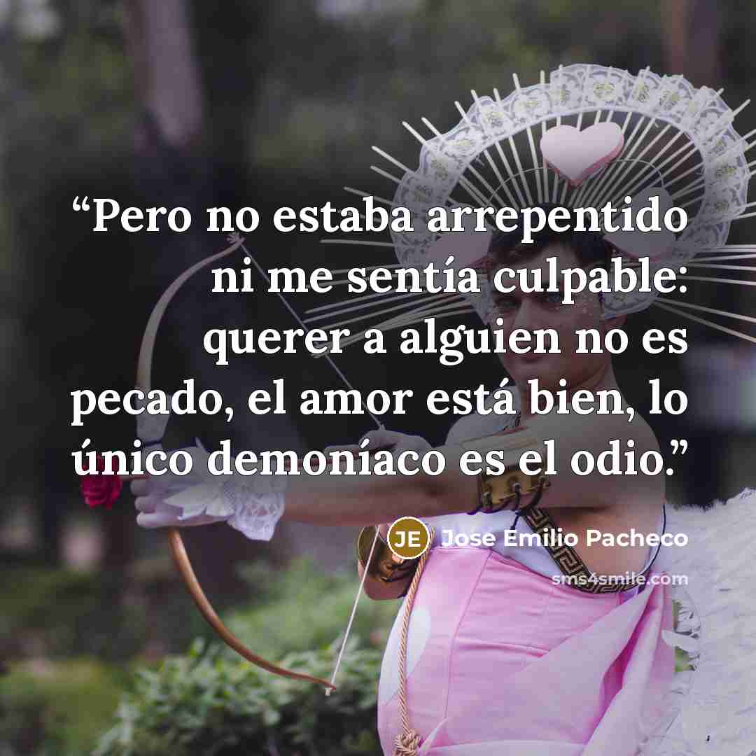 “Pero no estaba arrepentido ni me sentía culpable: querer a alguien no es pecado, el amor está bien, lo único demoníaco es el odio.” quote by José Emilio Pacheco