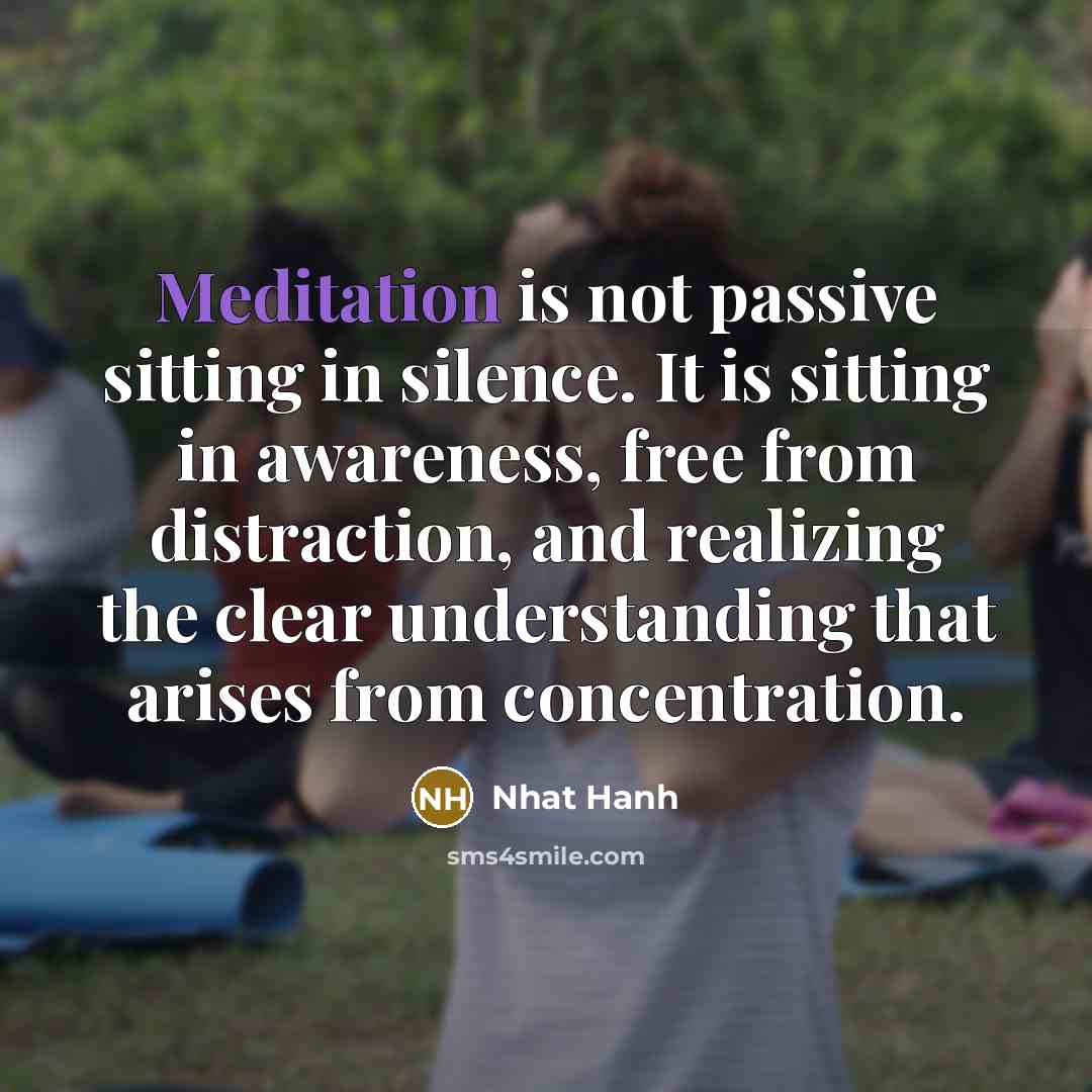 “Meditation is not passive sitting in silence. It is sitting…” quote by Nhat Hanh