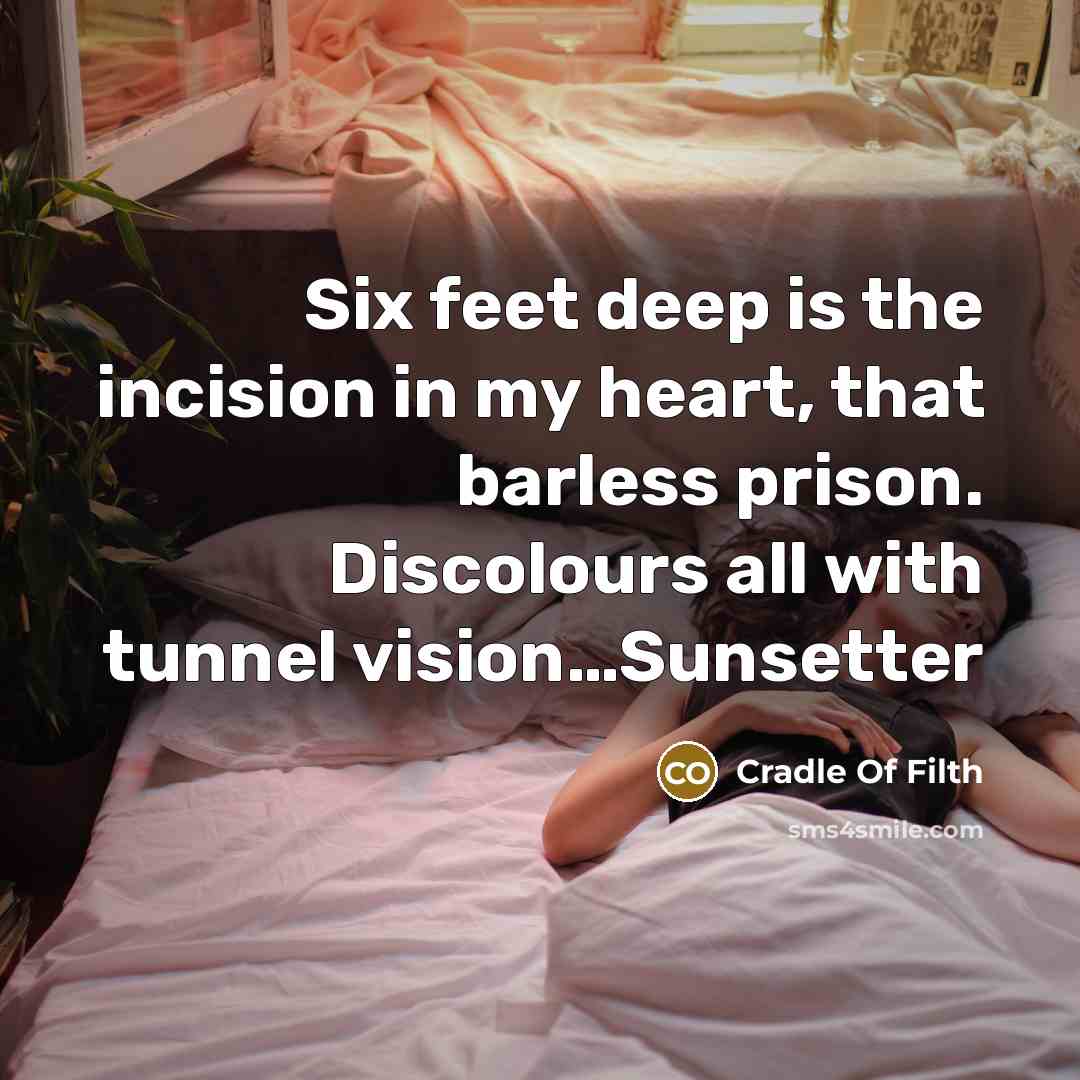 “Six feet deep is the incision in my heart, that barless prison. Discolours all with tunnel vision…Sunsetter” quote by Cradle Of Filth