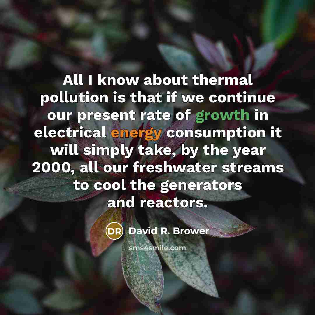 “All I know about thermal pollution is that if we continue our present rate of growth in electrical energy consumption it will simply take, by the year 2000, all our freshwater streams to cool the generators and reactors.” quote by David R. Brower