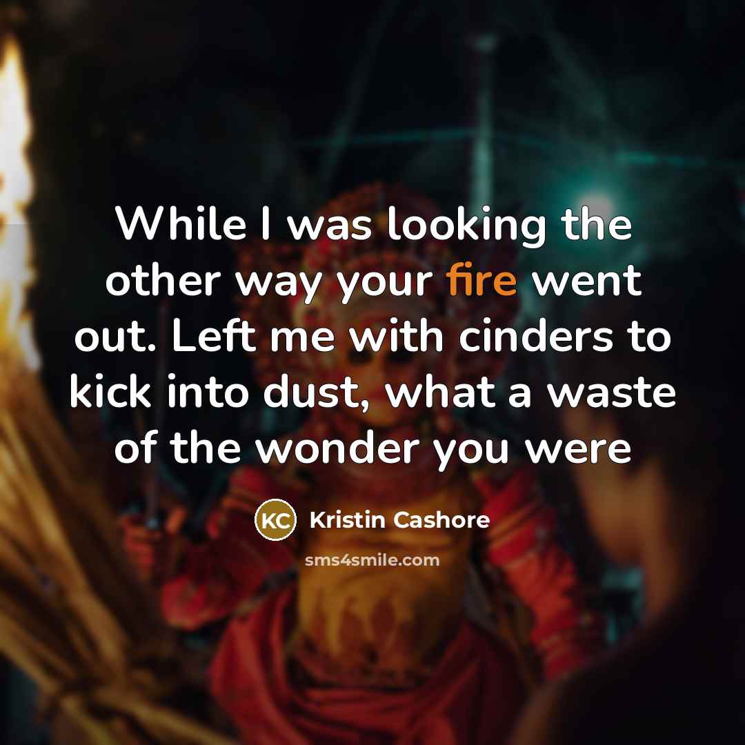 “While I was looking the other way your fire went…” quote by Kristin Cashore