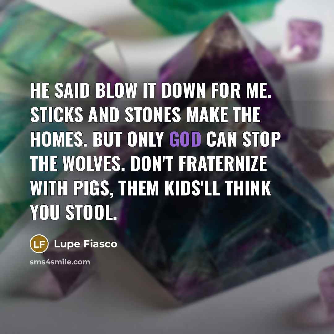 “He said blow it down for me. Sticks and stones…” quote by Lupe Fiasco