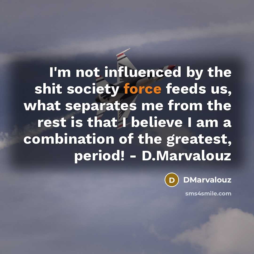 “I'm not influenced by the shit society force feeds us,…” quote by DMarvalouz