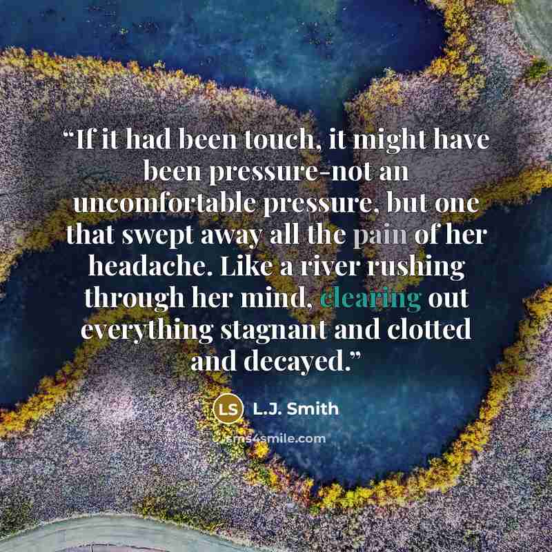 “If it had been touch, it might have been pressure-not an uncomfortable pressure, but one that swept away all the pain of her headache. Like a river rushing through her mind, clearing out everything stagnant and clotted and decayed.” quote by L.J. Smith