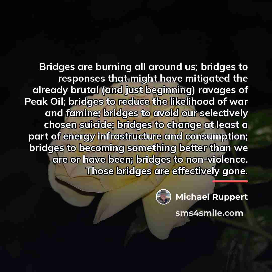 “Bridges are burning all around us; bridges to responses that…” quote by Michael Ruppert