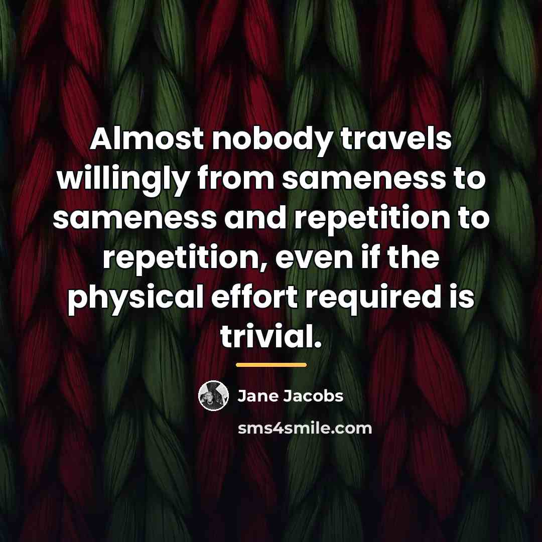 “Almost nobody travels willingly from sameness to sameness and repetition…” quote by Jane Jacobs