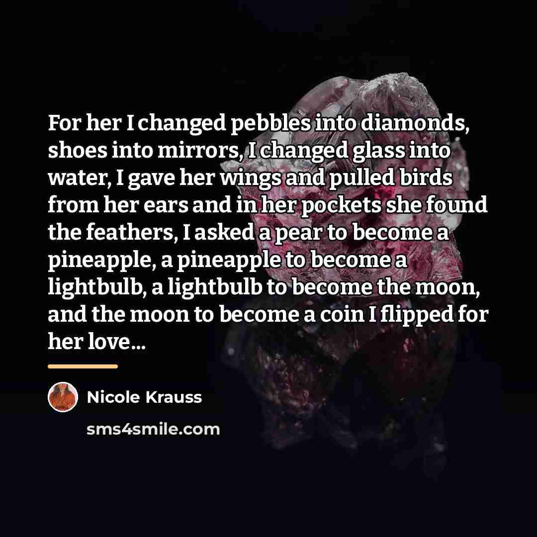 “For her I changed pebbles into diamonds, shoes into mirrors,…” quote by Nicole Krauss