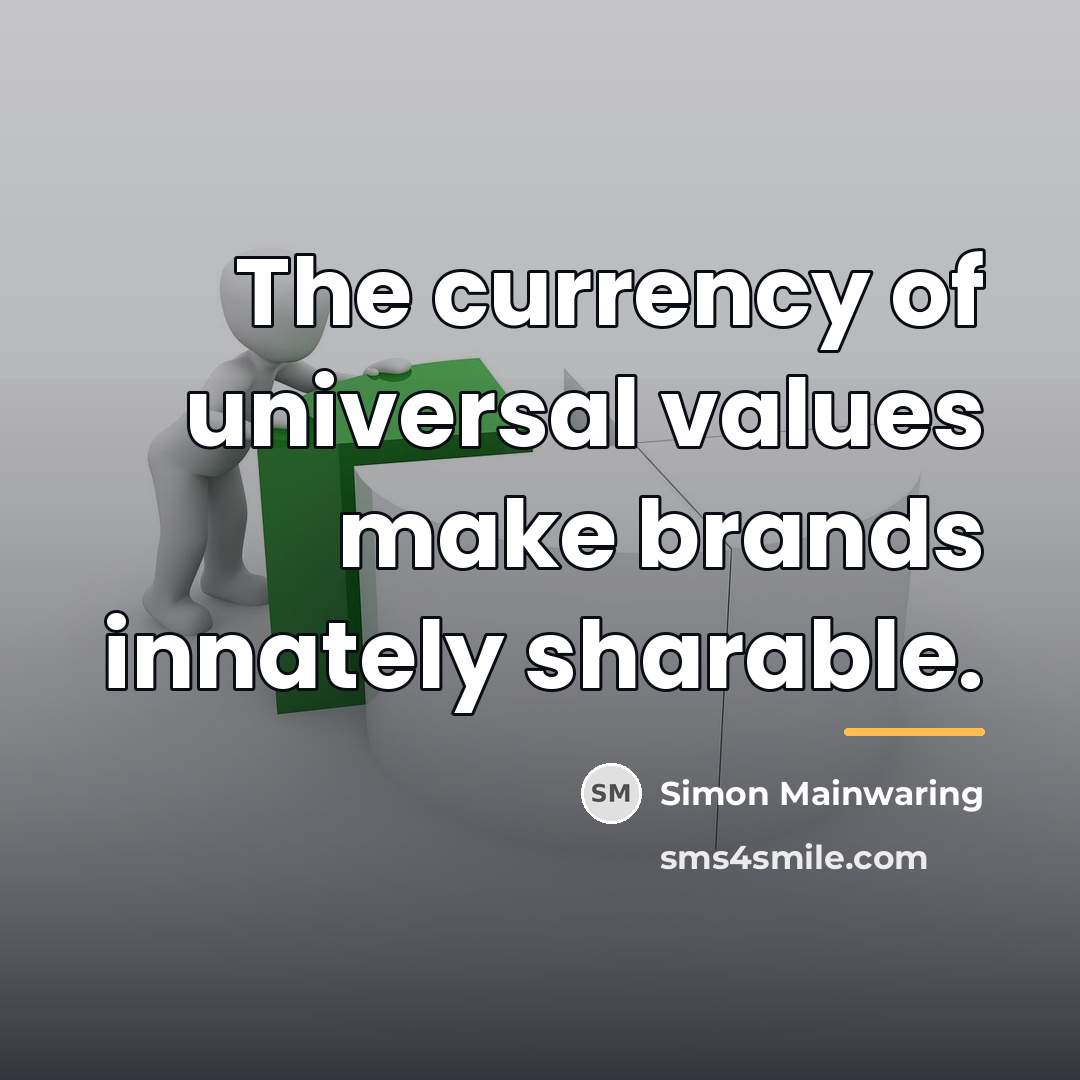 “The currency of universal values make brands innately sharable.…” quote by Simon Mainwaring