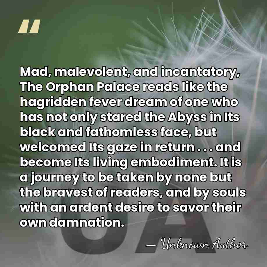 Mad, malevolent, and incantatory, The Orphan Palace reads like the hagridden fever&hellip; - Unknown Author