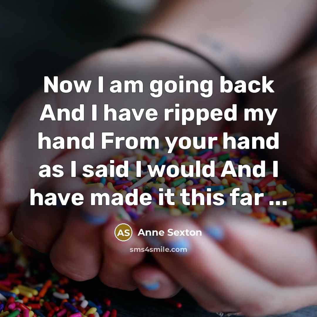 “Now I am going back And I have ripped my hand From your hand as I said I would And I have made it this far ...” quote by Anne Sexton