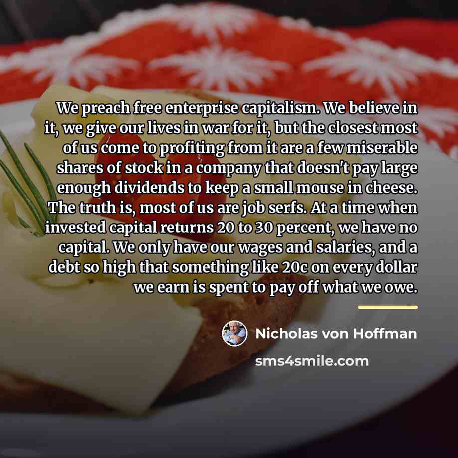 “We preach free enterprise capitalism. We believe in it, we…” quote by Nicholas von Hoffman