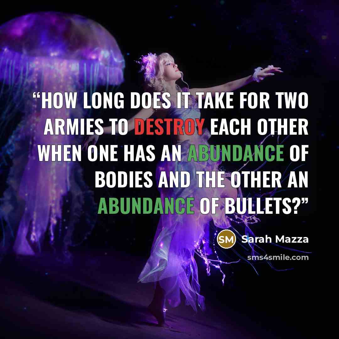“How long does it take for two armies to destroy each other when one has an abundance of bodies and the other an abundance of bullets?” quote by Sarah Mazza