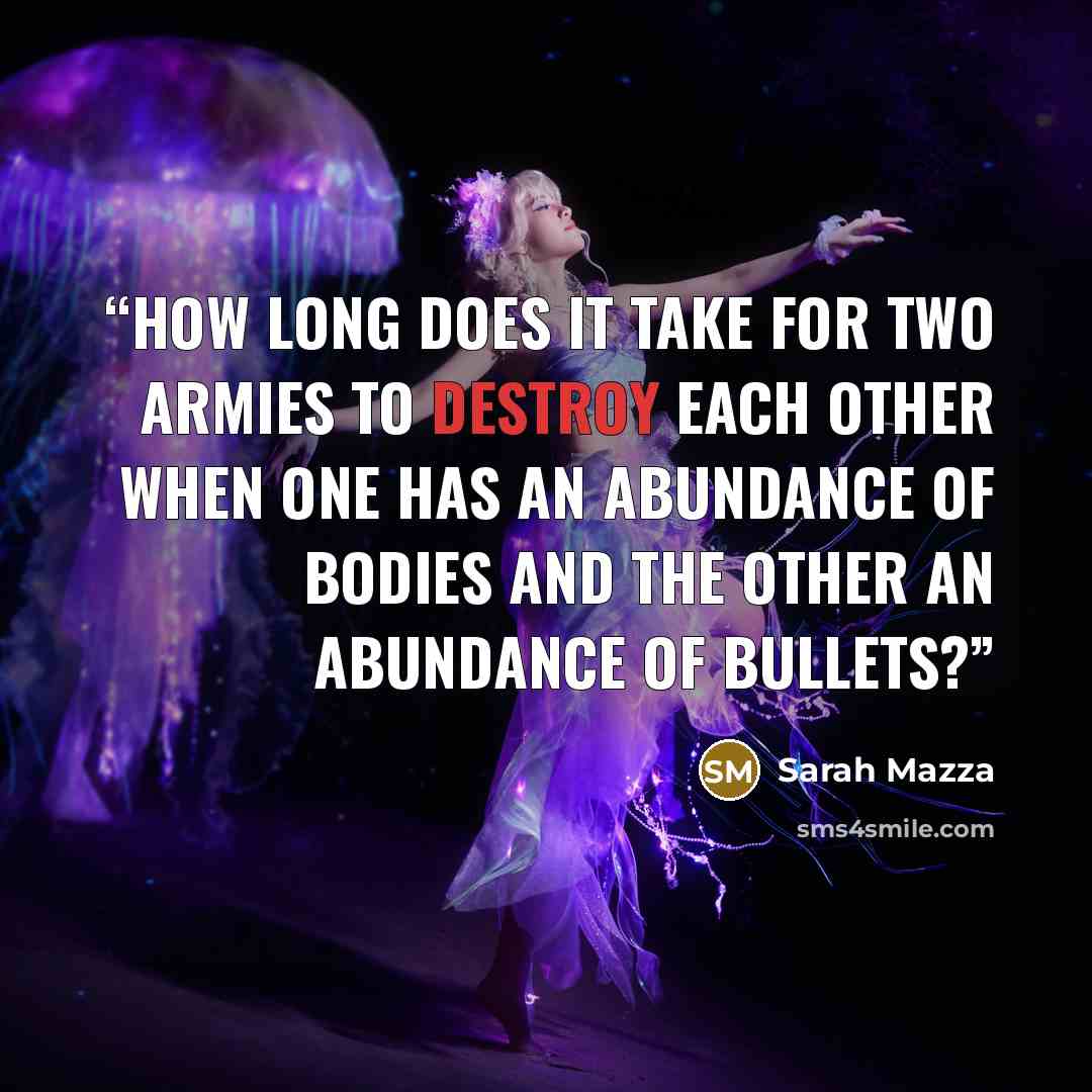 “How long does it take for two armies to destroy each other when one has an abundance of bodies and the other an abundance of bullets?” quote by Sarah Mazza