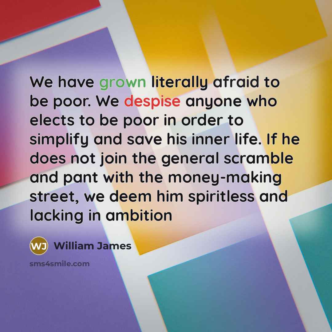“We have grown literally afraid to be poor. We despise anyone who elects to be poor in order to simplify and save his inner life. If he does not join the general scramble and pant with the money-making street, we deem him spiritless and lacking in ambition” quote by William James