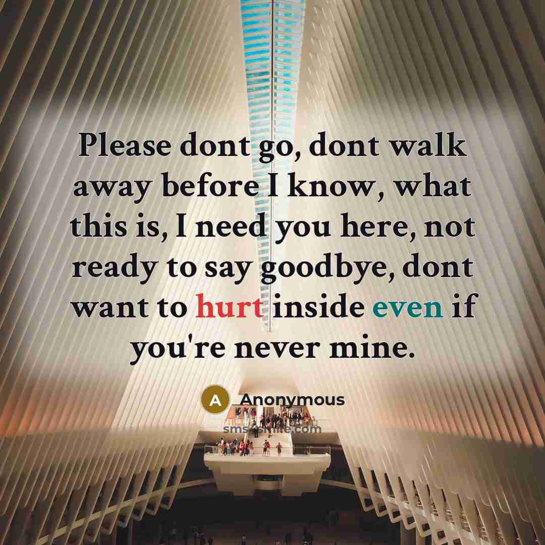 “Please dont go, dont walk away before I know, what this is, I need you here, not ready to say goodbye, dont want to hurt inside even if you're never mine.” quote by Anonymous