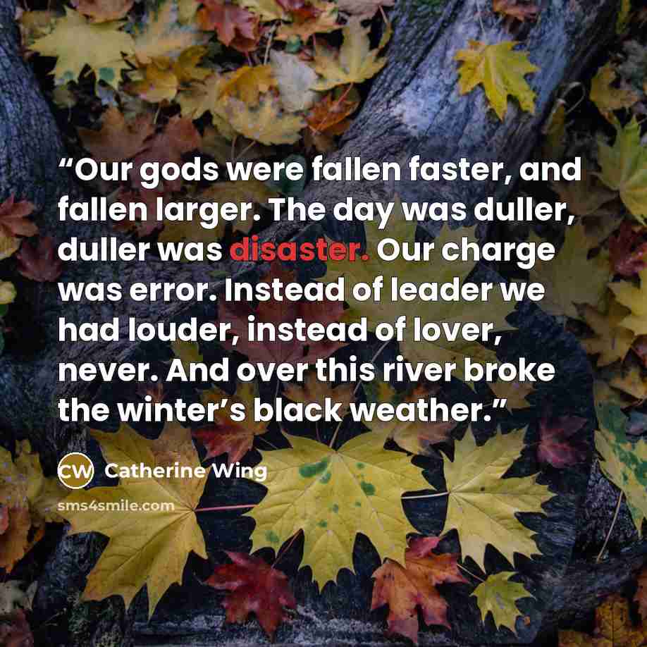 “Our gods were fallen faster, and fallen larger. The day was duller, duller was disaster. Our charge was error. Instead of leader we had louder, instead of lover, never. And over this river broke the winter’s black weather.” quote by Catherine Wing
