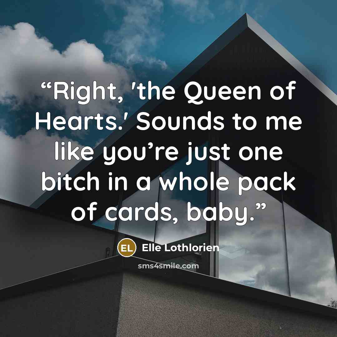 “Right, 'the Queen of Hearts.' Sounds to me like you’re just one bitch in a whole pack of cards, baby.” quote by Elle Lothlorien