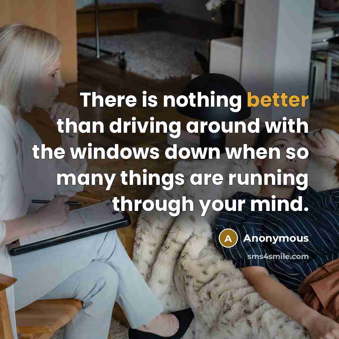 “There is nothing better than driving around with the windows down when so many things are running through your mind.” quote by Anonymous
