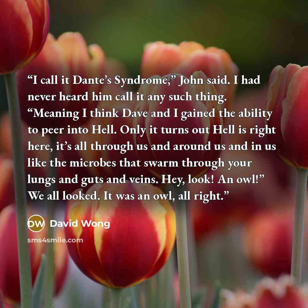 “I call it Dante’s Syndrome,” John said. I had never heard him call it any such thing. “Meaning I think Dave and I gained the ability to peer into Hell. Only it turns out Hell is right here, it’s all through us and around us and in us like the microbes that swarm through your lungs and guts and…” quote by David Wong