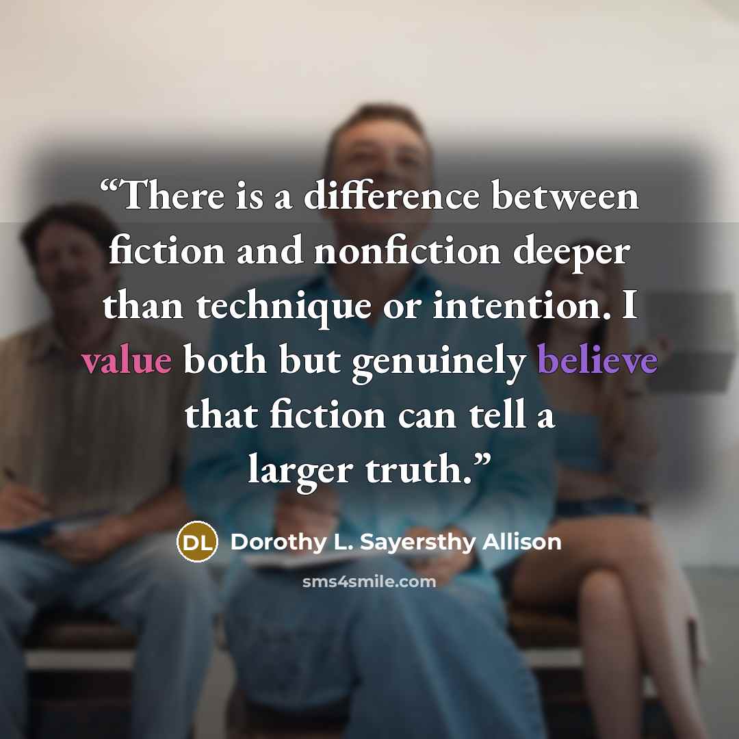 “There is a difference between fiction and nonfiction deeper than technique or intention. I value both but genuinely believe that fiction can tell a larger truth.” quote by Dorothy L. Sayersthy Allison