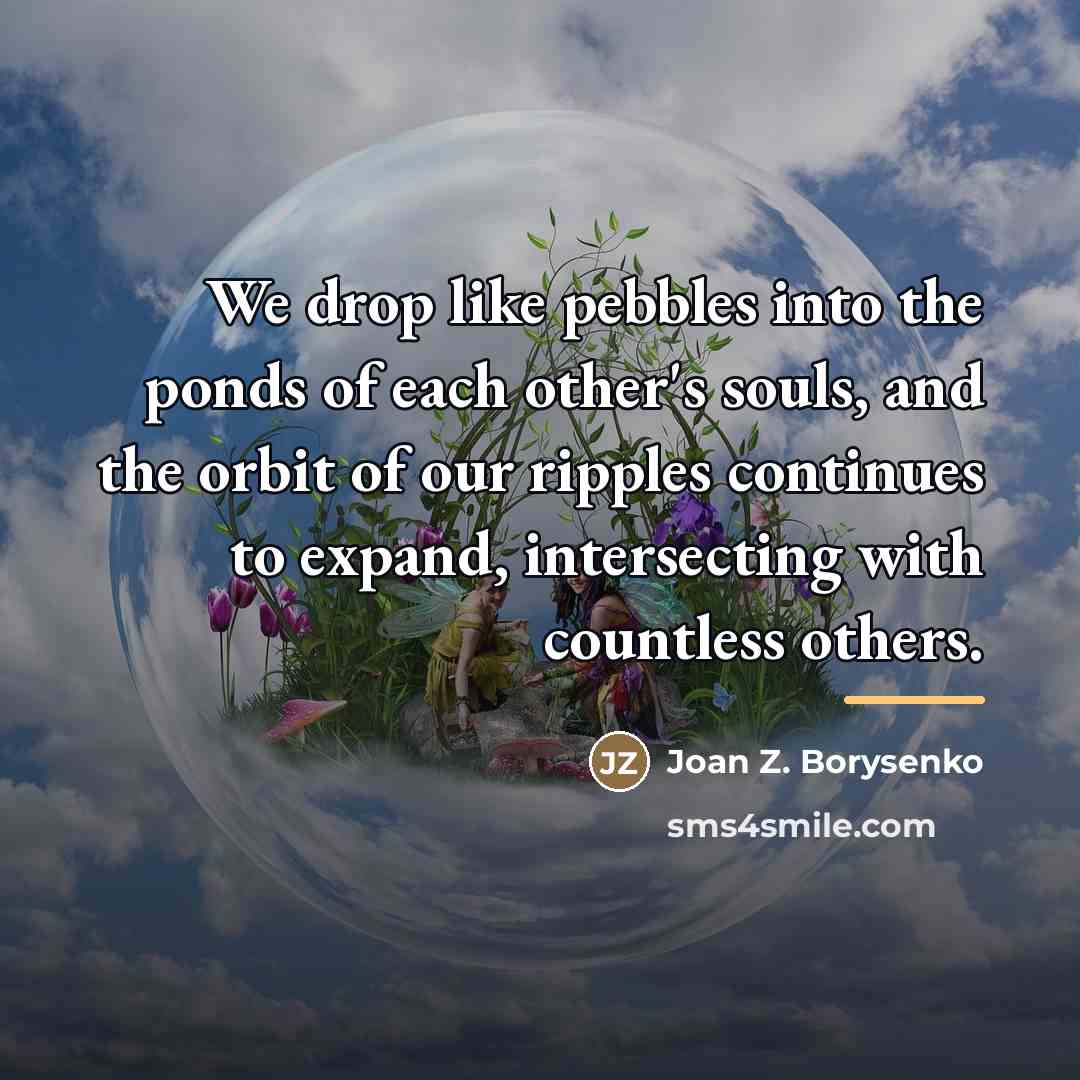 “We drop like pebbles into the ponds of each other's…” quote by Joan Z. Borysenko