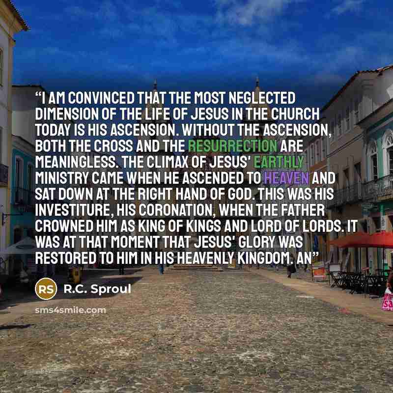 “I am convinced that the most neglected dimension of the life of Jesus in the church today is His ascension. Without the ascension, both the cross and the resurrection are meaningless. The climax of Jesus' earthly ministry came when He ascended to heaven and sat down at the right hand of God. This…” quote by R.C. Sproul
