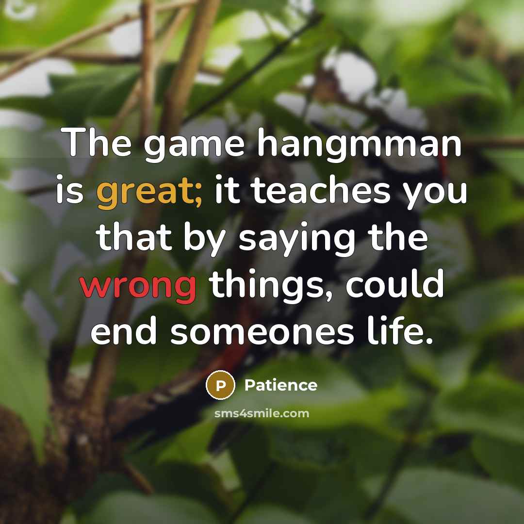 “The game hangmman is great; it teaches you that by saying the wrong things, could end someones life.” quote by Patience