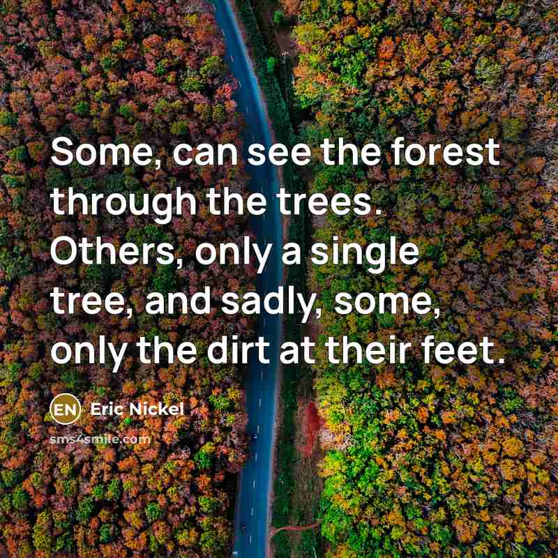 “Some, can see the forest through the trees. Others, only a single tree, and sadly, some, only the dirt at their feet.” quote by Eric Nickel