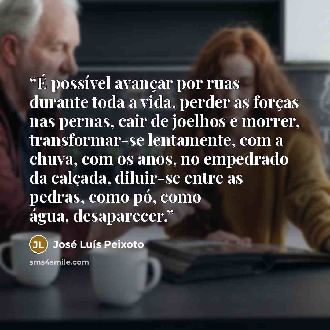 “É possível avançar por ruas durante toda a vida, perder as forças nas pernas, cair de joelhos e morrer, transformar-se lentamente, com a chuva, com os anos, no empedrado da calçada, diluir-se entre as pedras, como pó, como água, desaparecer.” quote by José Luís Peixoto