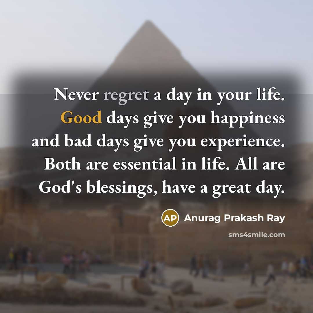 “Never regret a day in your life. Good days give…” quote by Anurag Prakash Ray
