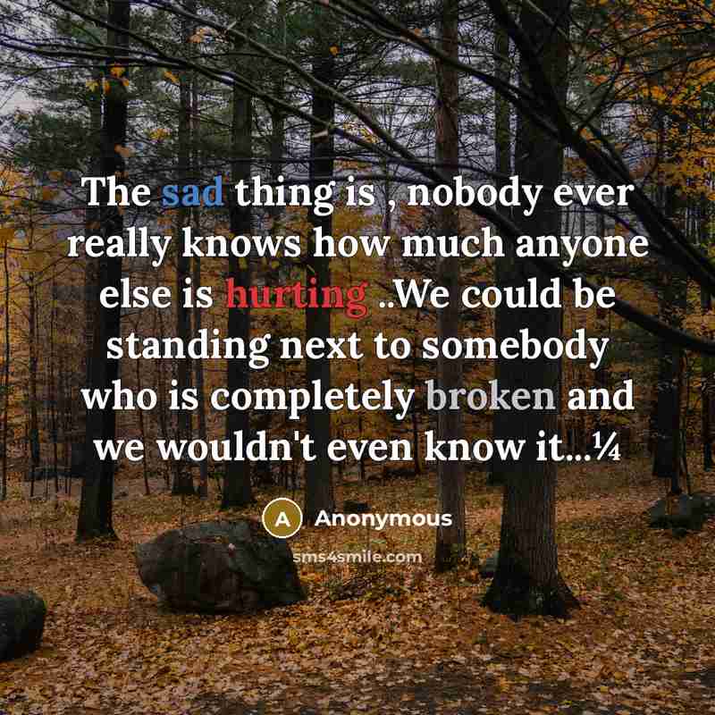 “The sad thing is , nobody ever really knows how much anyone else is hurting ..We could be standing next to somebody who is completely broken and we wouldn't even know it...¼” quote by Anonymous