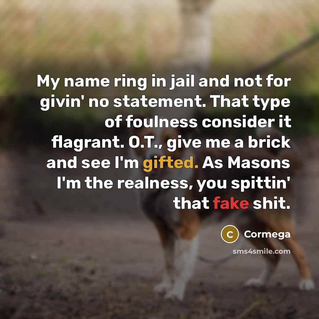 “My name ring in jail and not for givin' no statement. That type of foulness consider it flagrant. O.T., give me a brick and see I'm gifted. As Masons I'm the realness, you spittin' that fake shit.” quote by Cormega