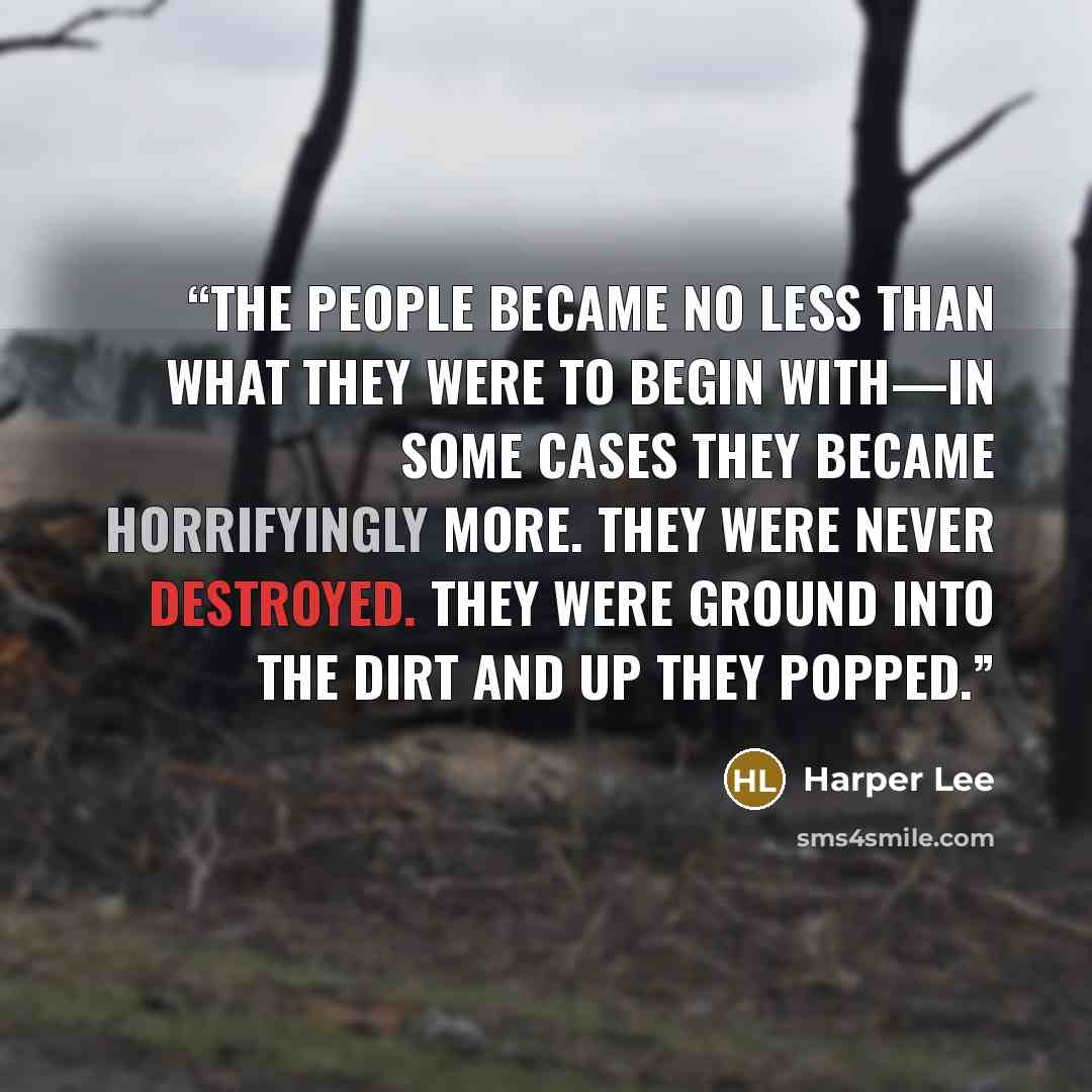 “The people became no less than what they were to begin with—in some cases they became horrifyingly more. They were never destroyed. They were ground into the dirt and up they popped.” quote by Harper Lee