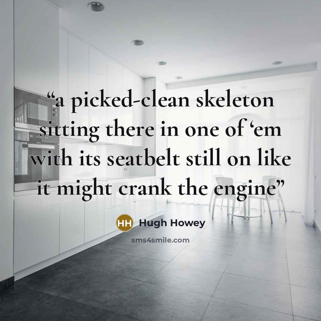 “a picked-clean skeleton sitting there in one of ‘em with its seatbelt still on like it might crank the engine” quote by Hugh Howey