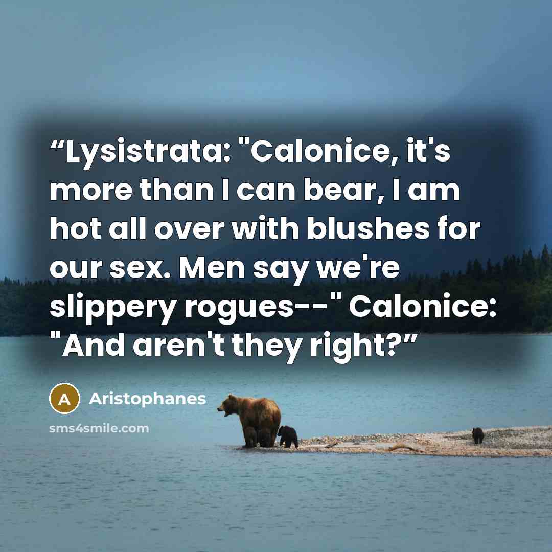 “Lysistrata: "Calonice, it's more than I can bear, I am hot all over with blushes for our sex. Men say we're slippery rogues--" Calonice: "And aren't they right?” quote by Aristophanes