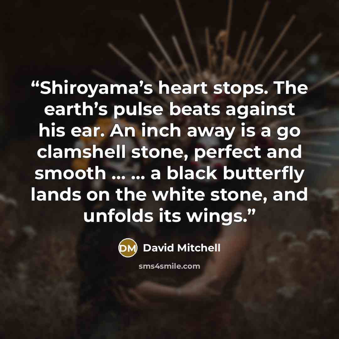 “Shiroyama’s heart stops. The earth’s pulse beats against his ear. An inch away is a go clamshell stone, perfect and smooth … … a black butterfly lands on the white stone, and unfolds its wings.” quote by David Mitchell