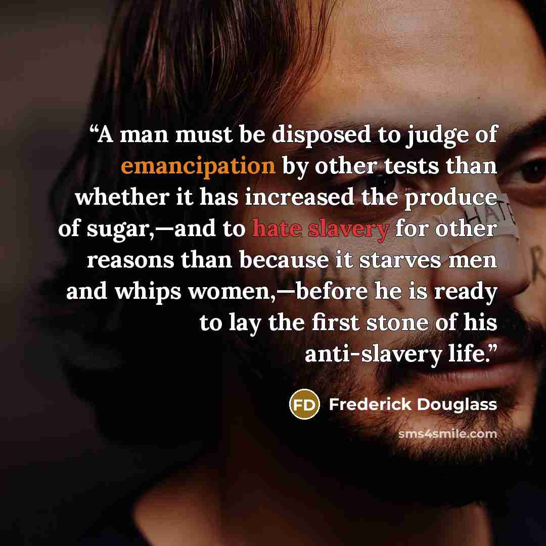 “A man must be disposed to judge of emancipation by other tests than whether it has increased the produce of sugar,—and to hate slavery for other reasons than because it starves men and whips women,—before he is ready to lay the first stone of his anti-slavery life.” quote by Frederick Douglass