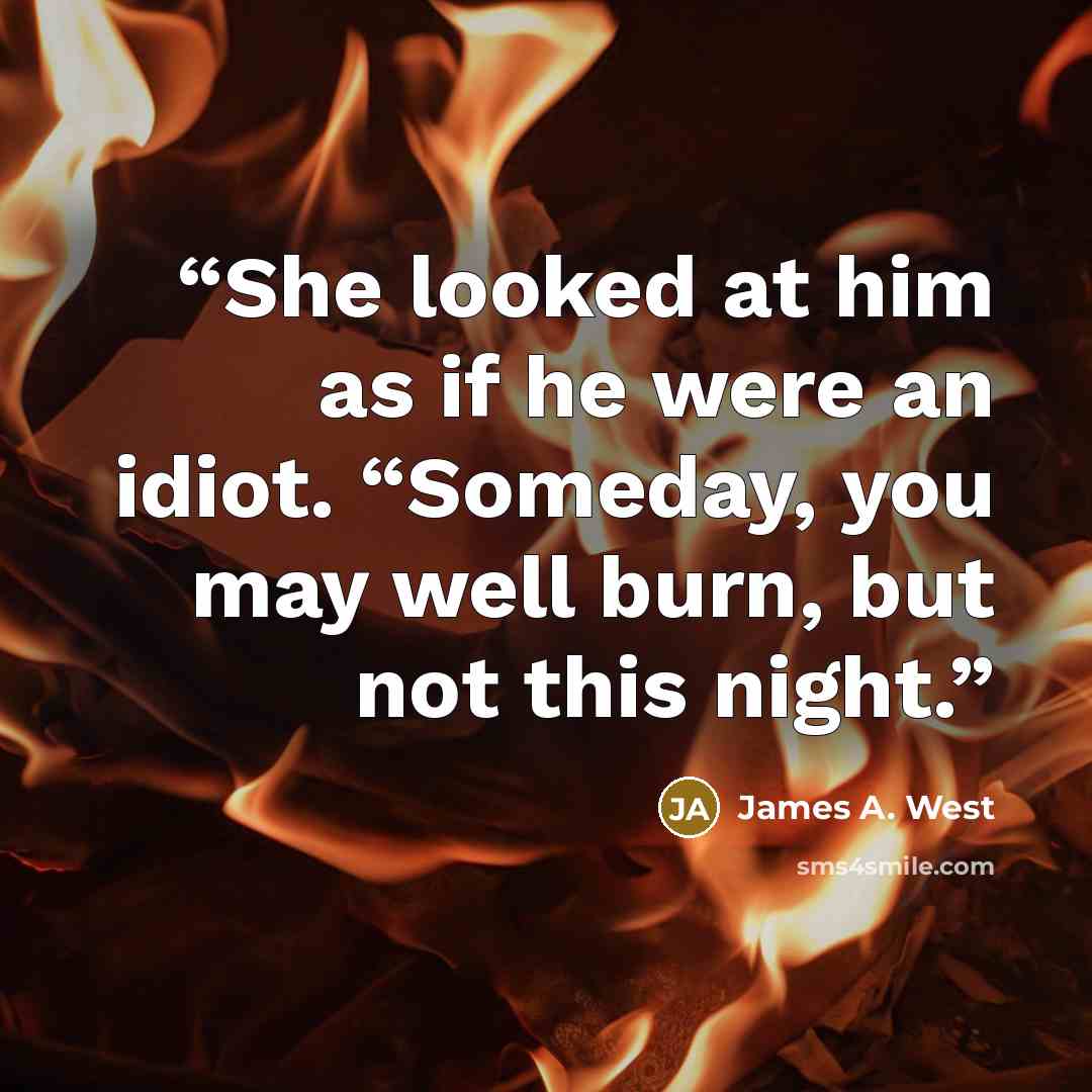 “She looked at him as if he were an idiot. “Someday, you may well burn, but not this night.” quote by James A. West