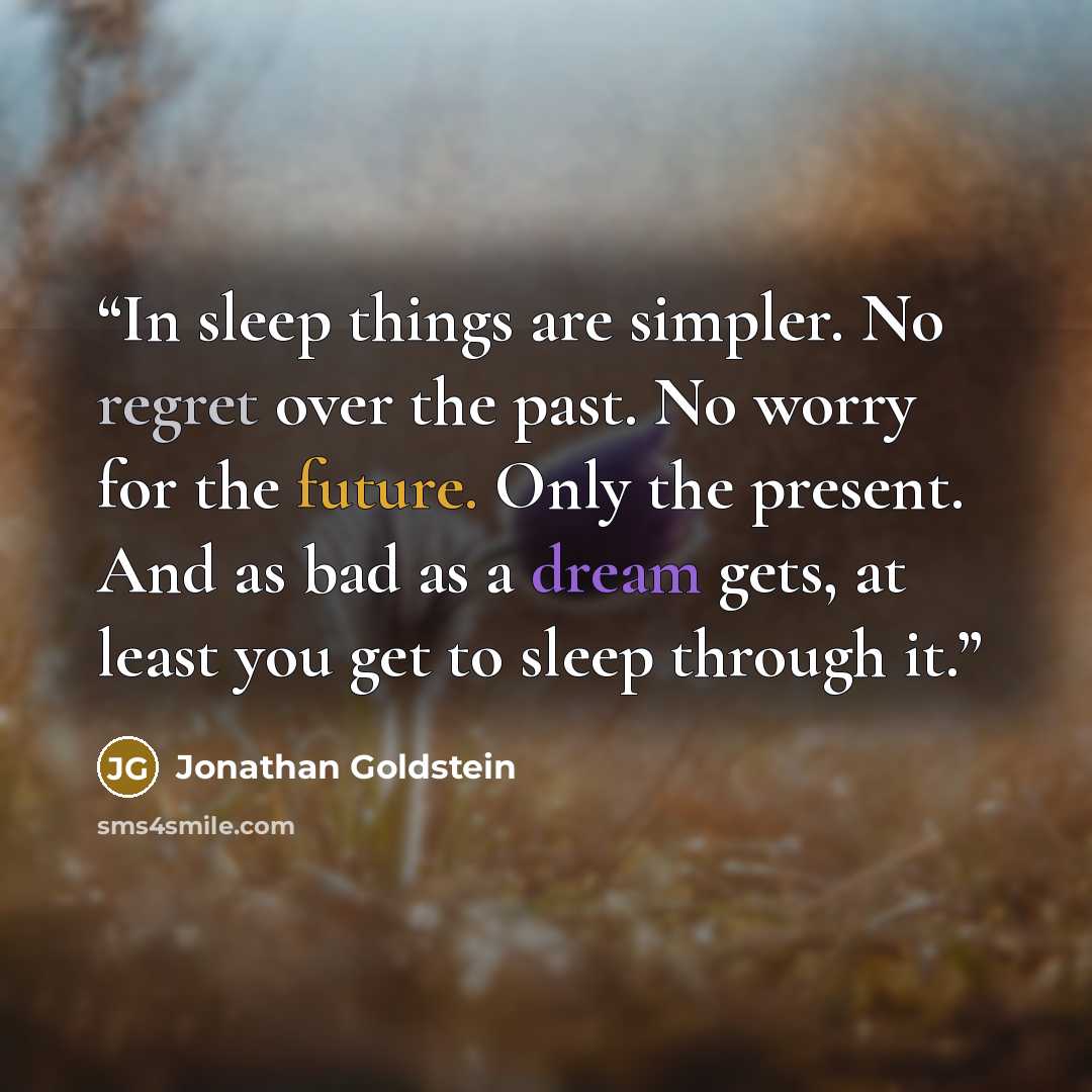 “In sleep things are simpler. No regret over the past. No worry for the future. Only the present. And as bad as a dream gets, at least you get to sleep through it.” quote by Jonathan Goldstein