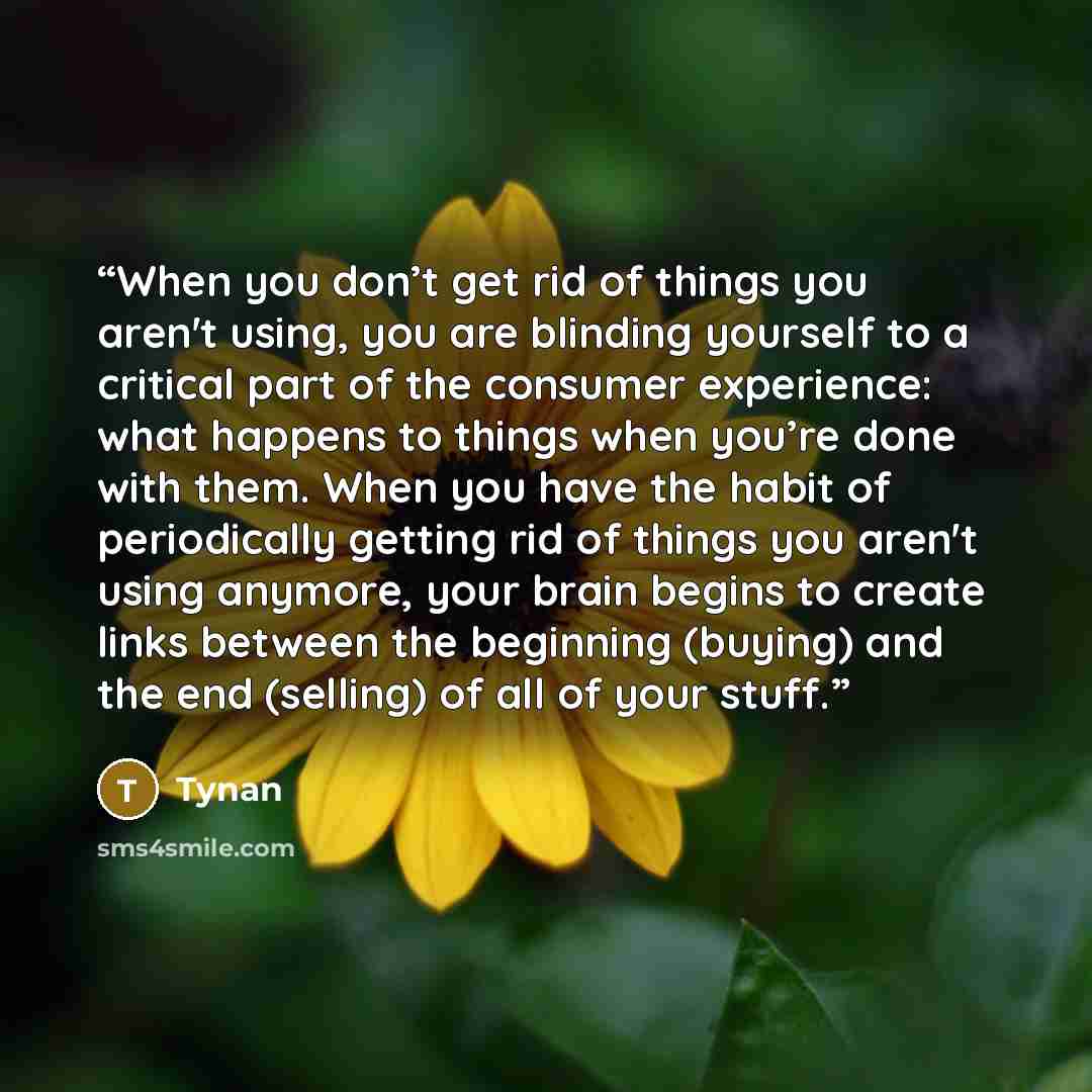 “When you don’t get rid of things you aren't using, you are blinding yourself to a critical part of the consumer experience: what happens to things when you’re done with them. When you have the habit of periodically getting rid of things you aren't using anymore, your brain begins to create links…” quote by Tynan