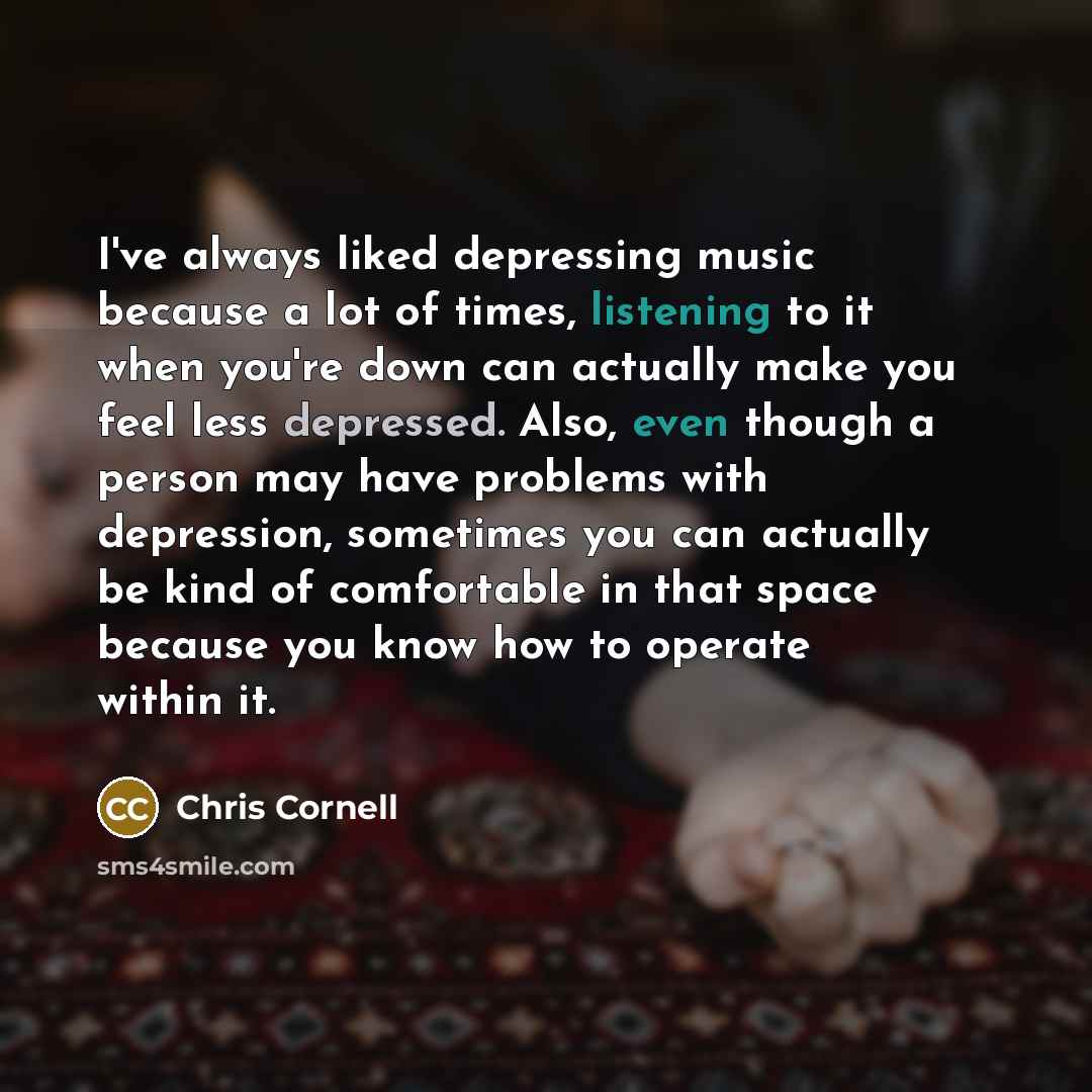 “I've always liked depressing music because a lot of times, listening to it when you're down can actually make you feel less depressed. Also, even though a person may have problems with depression, sometimes you can actually be kind of comfortable in that space because you know how to operate…” quote by Chris Cornell