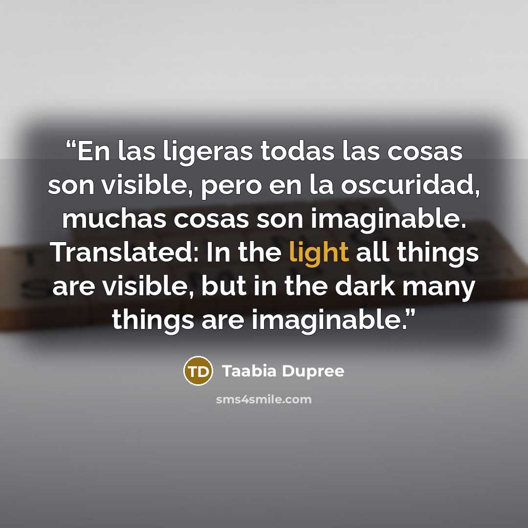 “En las ligeras todas las cosas son visible, pero en la oscuridad, muchas cosas son imaginable. Translated: In the light all things are visible, but in the dark many things are imaginable.” quote by Taabia Dupree