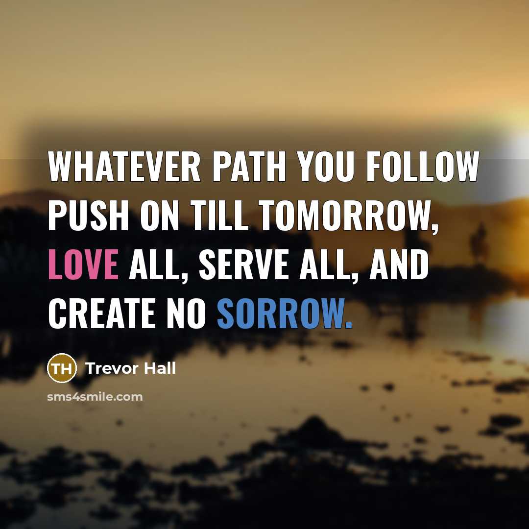 “Whatever path you follow push on till tomorrow, Love all, Serve all, and Create no sorrow.” quote by Trevor Hall