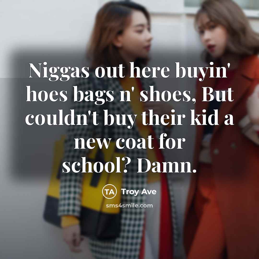 “Niggas out here buyin' hoes bags n' shoes, But couldn't…” quote by Troy Ave