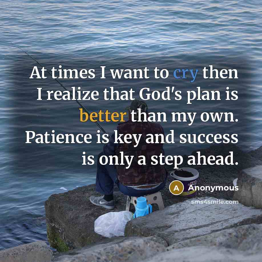 “At times I want to cry then I realize that God's plan is better than my own. Patience is key and success is only a step ahead.” quote by Anonymous