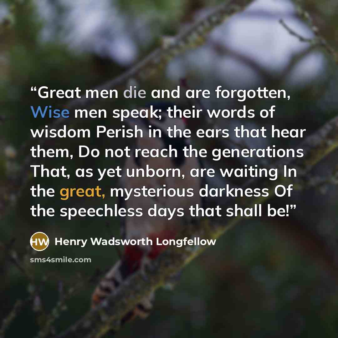 “Great men die and are forgotten, Wise men speak; their words of wisdom Perish in the ears that hear them, Do not reach the generations That, as yet unborn, are waiting In the great, mysterious darkness Of the speechless days that shall be!” quote by Henry Wadsworth Longfellow