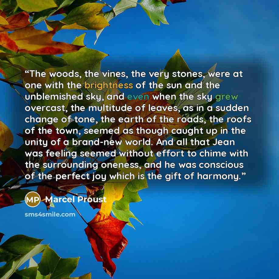 “The woods, the vines, the very stones, were at one with the brightness of the sun and the unblemished sky, and even when the sky grew overcast, the multitude of leaves, as in a sudden change of tone, the earth of the roads, the roofs of the town, seemed as though caught up in the unity of a…” quote by Marcel Proust