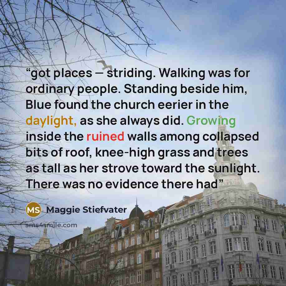 “got places — striding. Walking was for ordinary people. Standing beside him, Blue found the church eerier in the daylight, as she always did. Growing inside the ruined walls among collapsed bits of roof, knee-high grass and trees as tall as her strove toward the sunlight. There was no evidence…” quote by Maggie Stiefvater